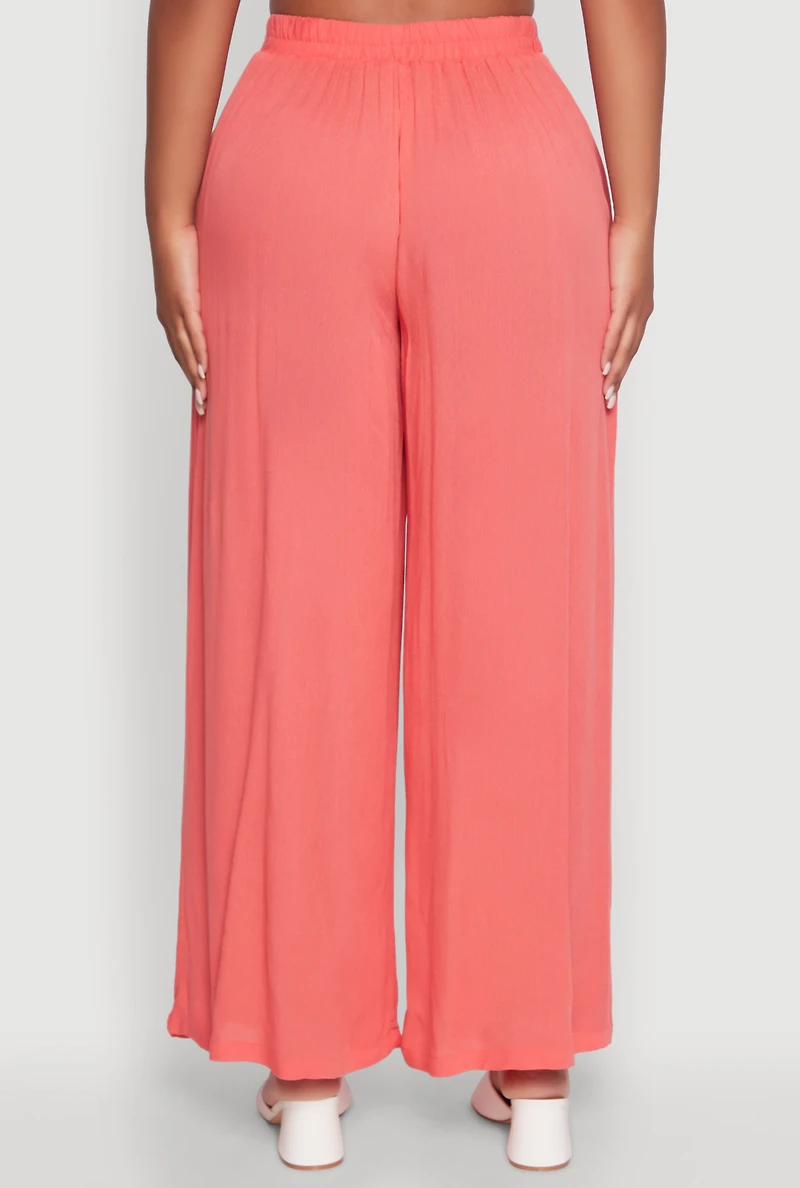 Womens Stylish Gauze Knit High Waisted Palazzo Pants, Pink, Size S