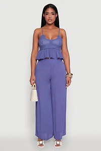 Womens Stylish Gauze Knit High Waisted Palazzo Pants, Blue, Size L
