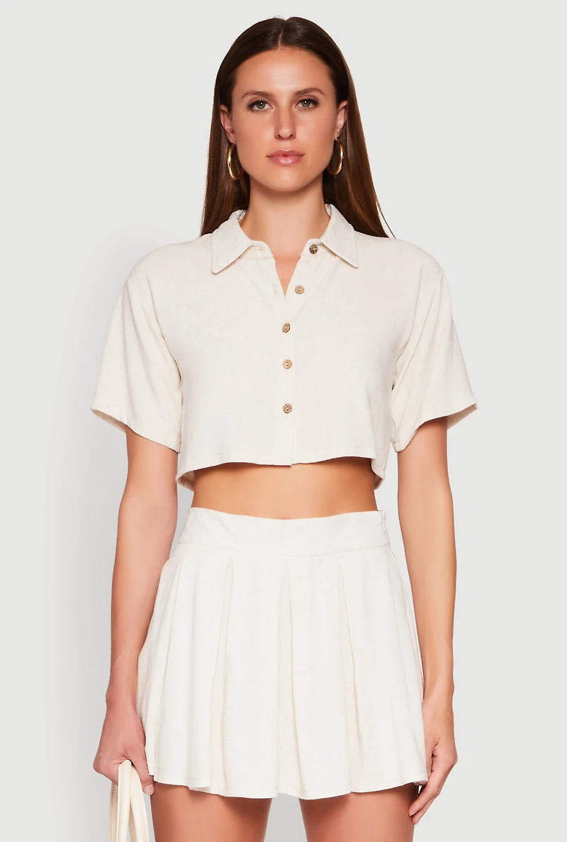Womens Linen Cropped Shirt, Beige, Size S