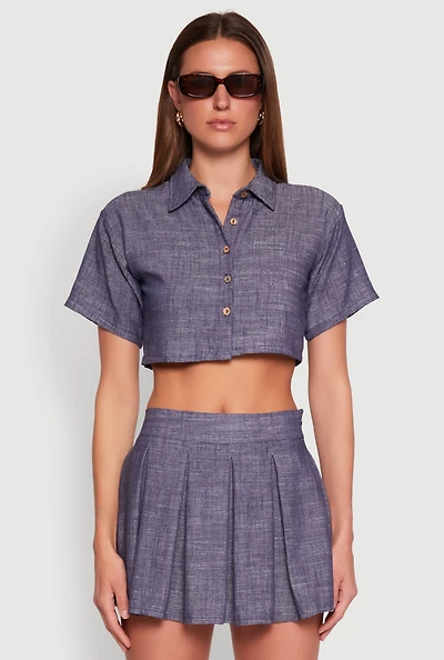 Womens Linen Cropped Shirt, Blue, Size L