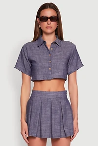 Womens Linen Cropped Shirt, Blue, Size L