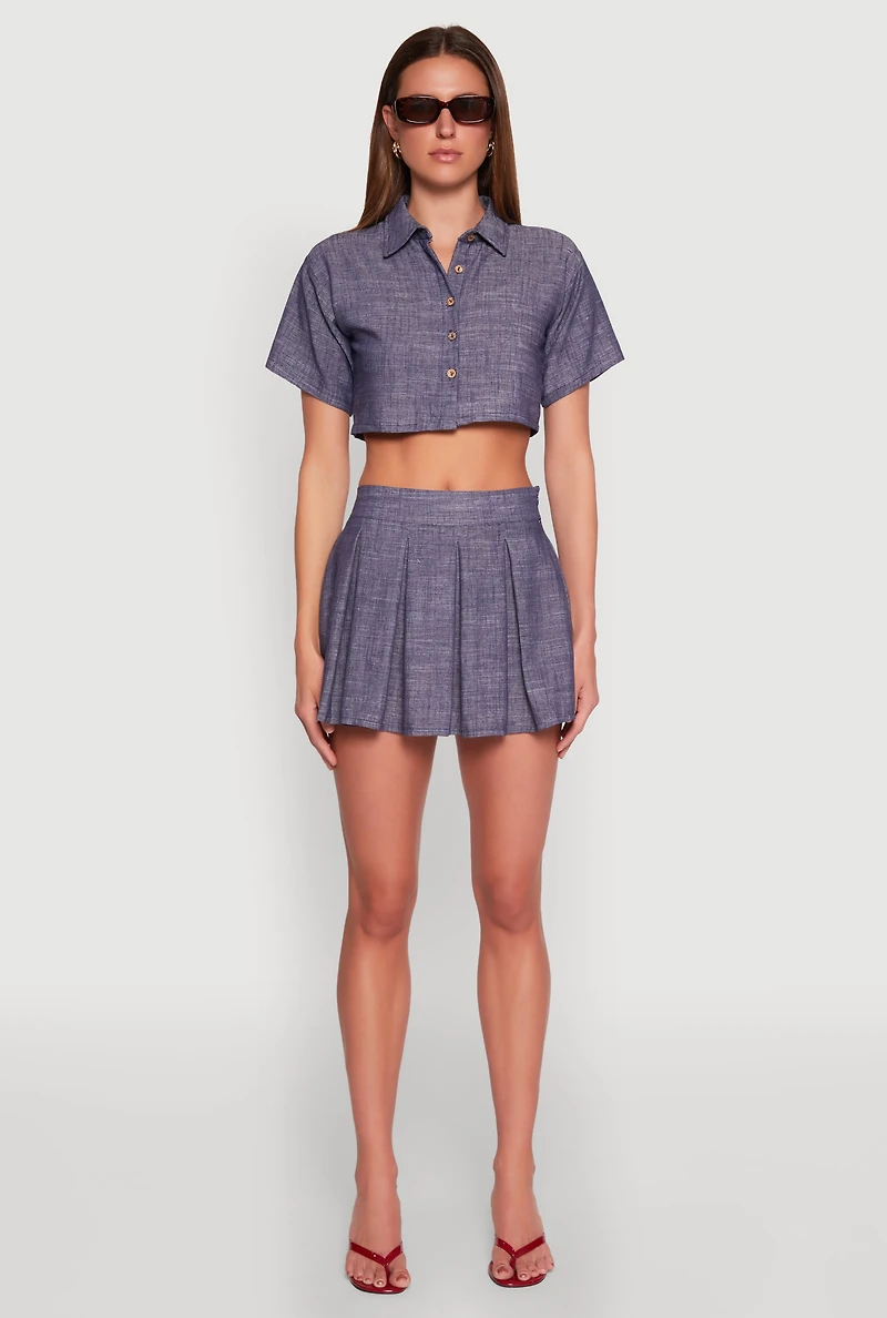 Womens Linen Cropped Shirt, Blue, Size L