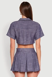 Womens Linen Cropped Shirt, Blue, Size L