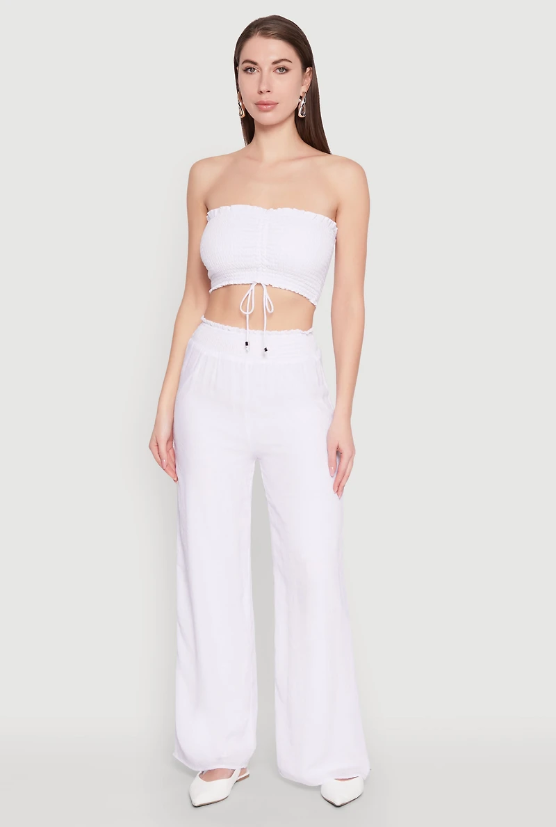 Womens Ruched Sweetheart Smocked Tube Top, White,