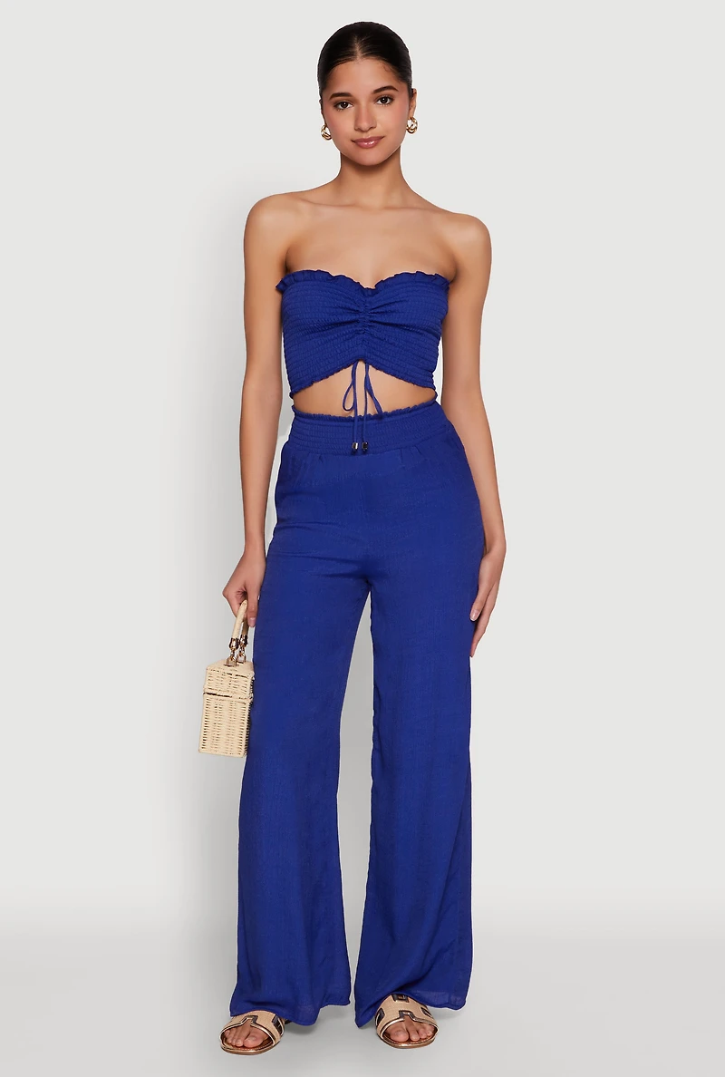 Womens Ruched Sweetheart Smocked Tube Top, Blue, Size L
