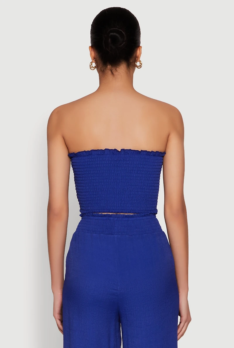 Womens Ruched Sweetheart Smocked Tube Top, Blue, Size L