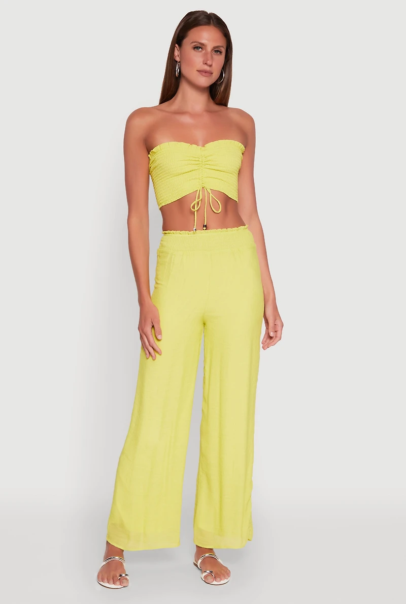 Womens Smocked High Waisted Palazzo Pants, Yellow, Size XL