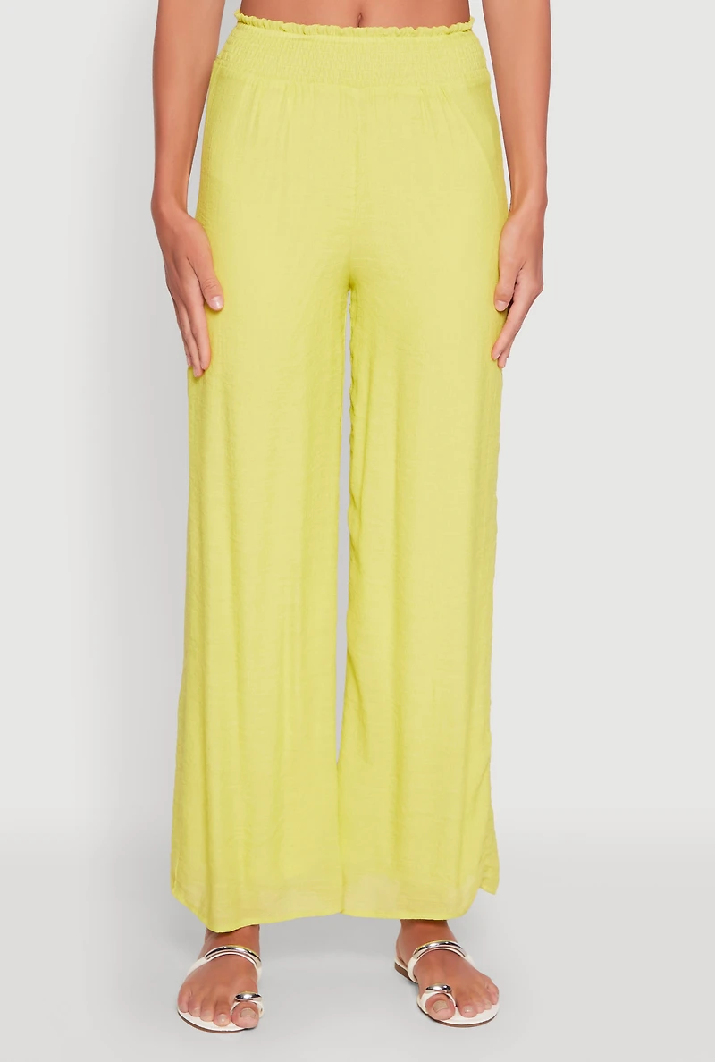 Womens Smocked High Waisted Palazzo Pants, Yellow, Size XL