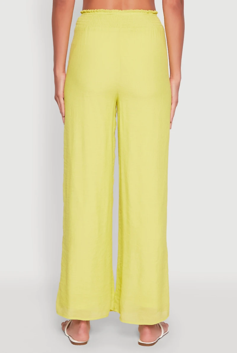 Womens Smocked High Waisted Palazzo Pants, Yellow,