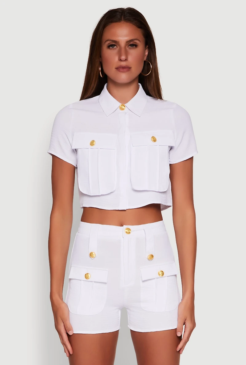 Womens Airy Cargo Pocket Button Front Shirt, White, Size S
