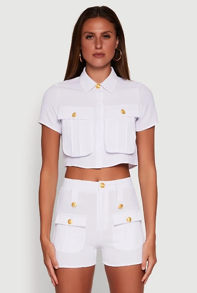 Womens Airy Cargo Pocket Button Front Shirt, White, Size S
