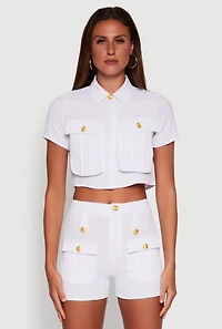 Womens Airy Cargo Pocket Button Front Shirt, White, Size S
