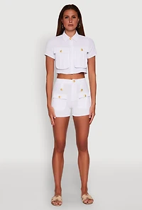 Womens Airy Cargo Pocket Button Front Shirt, White, Size L
