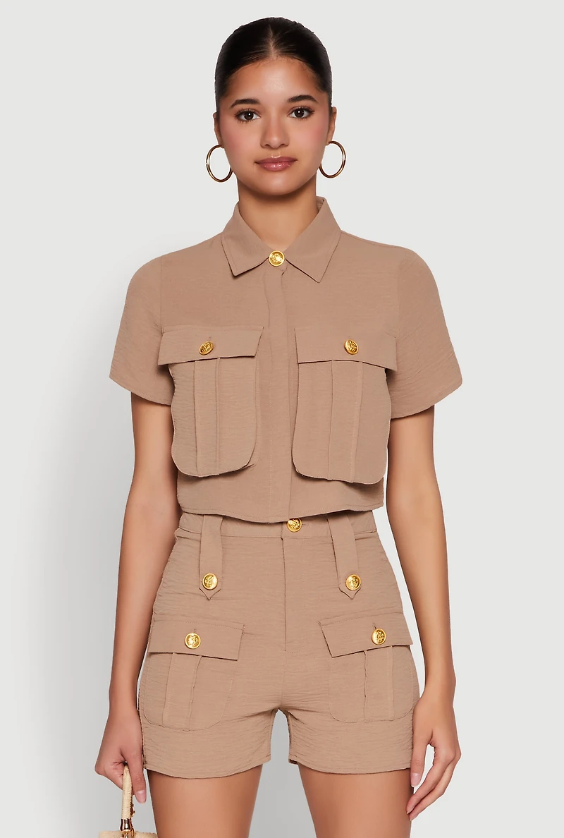 Womens Airy Cargo Pocket Button Front Shirt,