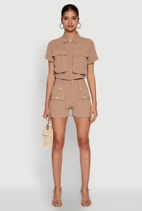 Womens Airy Cargo Pocket Button Front Shirt,