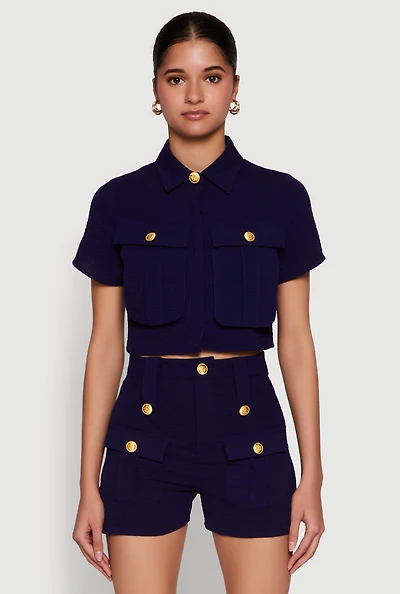 Womens Airy Cargo Pocket Button Front Shirt, Blue, Size S
