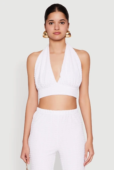 Womens Bubble Knit Tie Back Halter Top, White, Size M