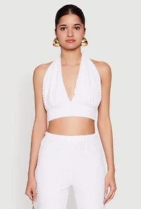 Womens Bubble Knit Tie Back Halter Top, White, Size M