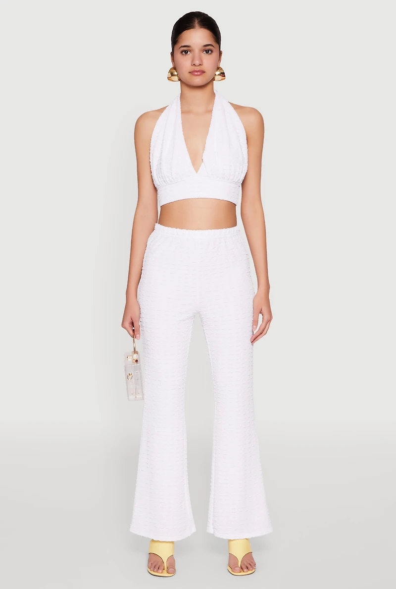 Womens Bubble Knit Tie Back Halter Top, White, Size M