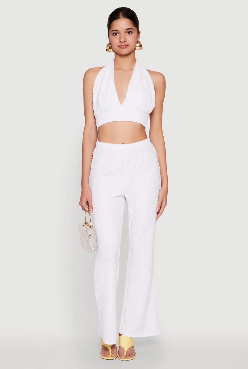 Womens Bubble Knit Tie Back Halter Top, White, Size M