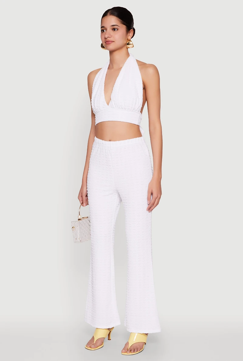 Womens Bubble Knit Tie Back Halter Top, White, Size M