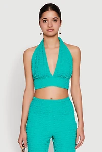 Womens Bubble Knit Tie Back Halter Top, Green, Size L
