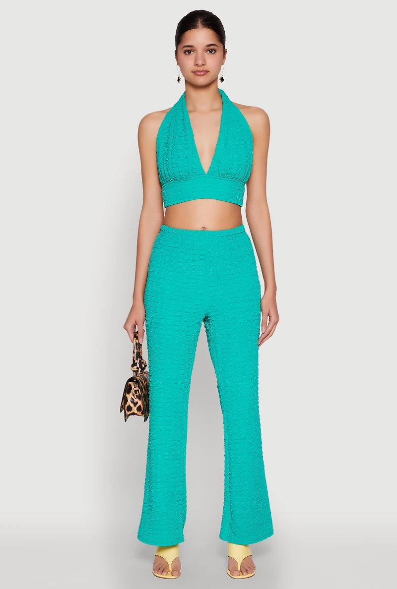 Womens Bubble Knit Tie Back Halter Top,