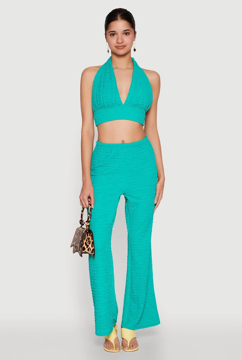 Womens Bubble Knit Tie Back Halter Top,