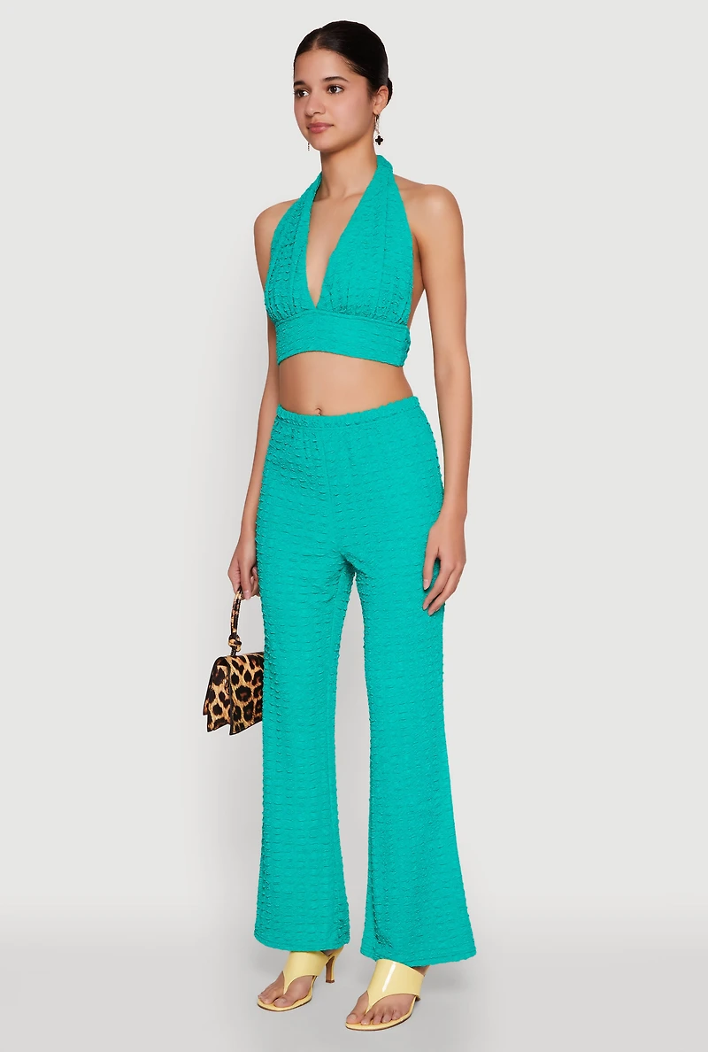 Womens Bubble Knit Tie Back Halter Top,