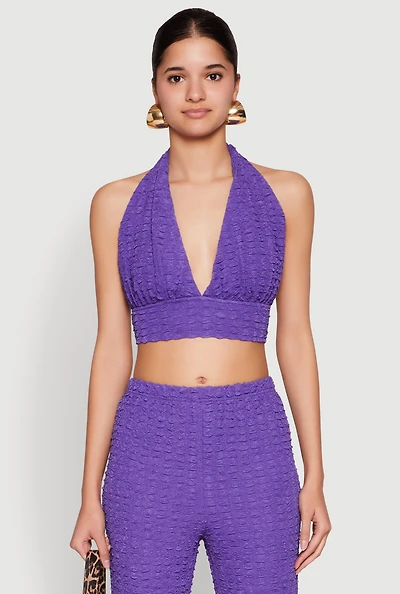 Womens Bubble Knit Tie Back Halter Top,
