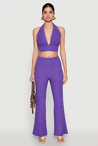 Womens Bubble Knit Tie Back Halter Top, Purple, Size L