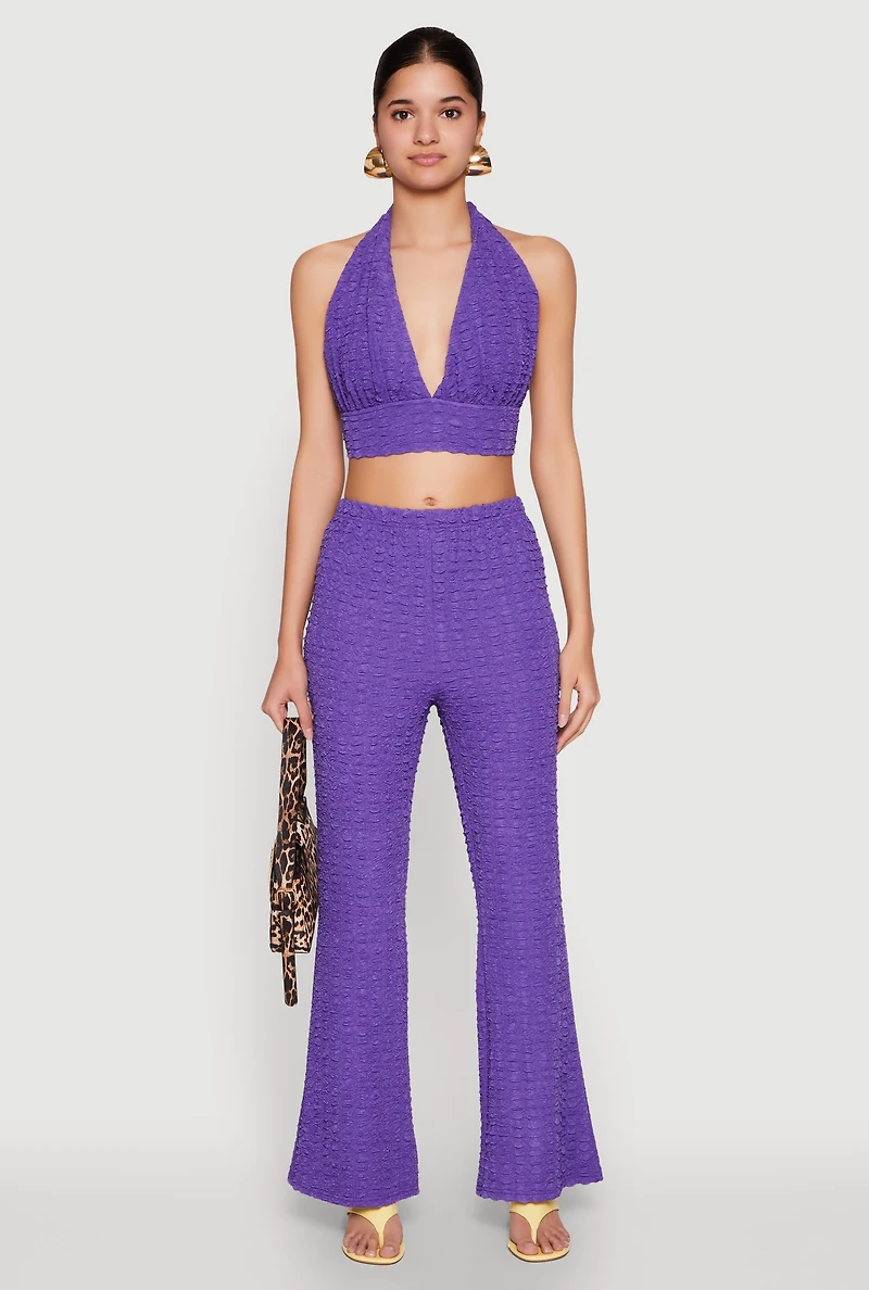 Womens Bubble Knit Tie Back Halter Top, Purple,