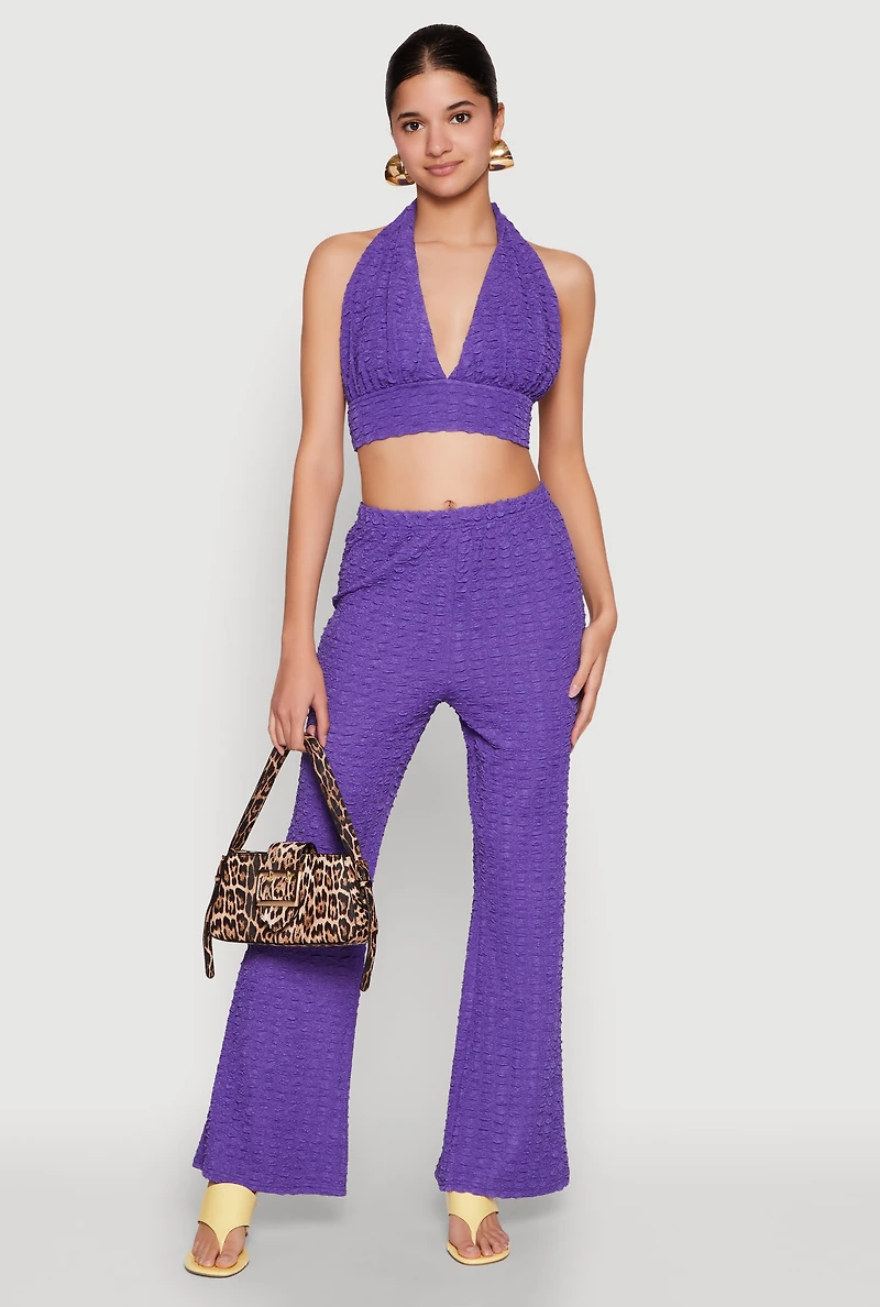 Womens Bubble Knit Tie Back Halter Top, Purple, Size L