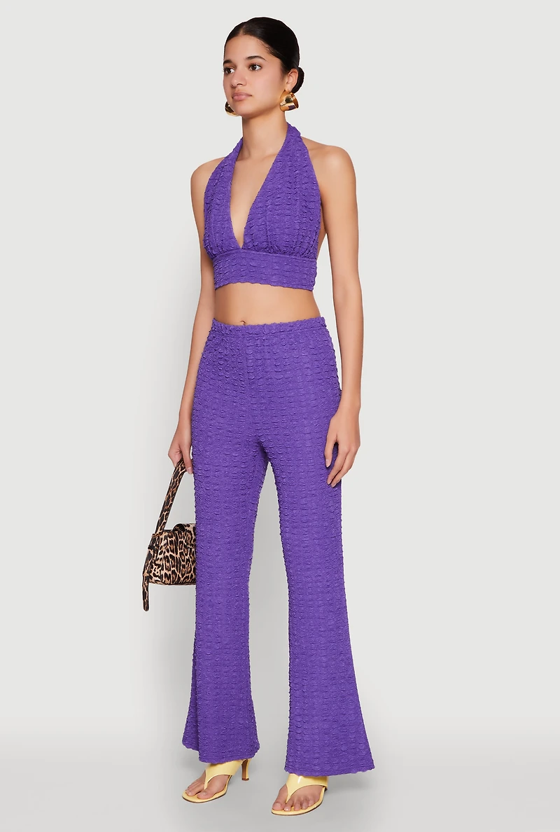 Womens Bubble Knit Tie Back Halter Top, Purple, Size L