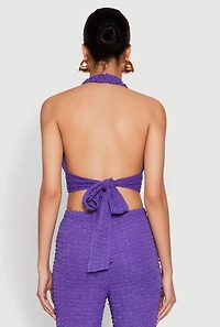 Womens Bubble Knit Tie Back Halter Top, Purple, Size L