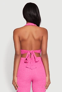 Womens Bubble Knit Tie Back Halter Top, M