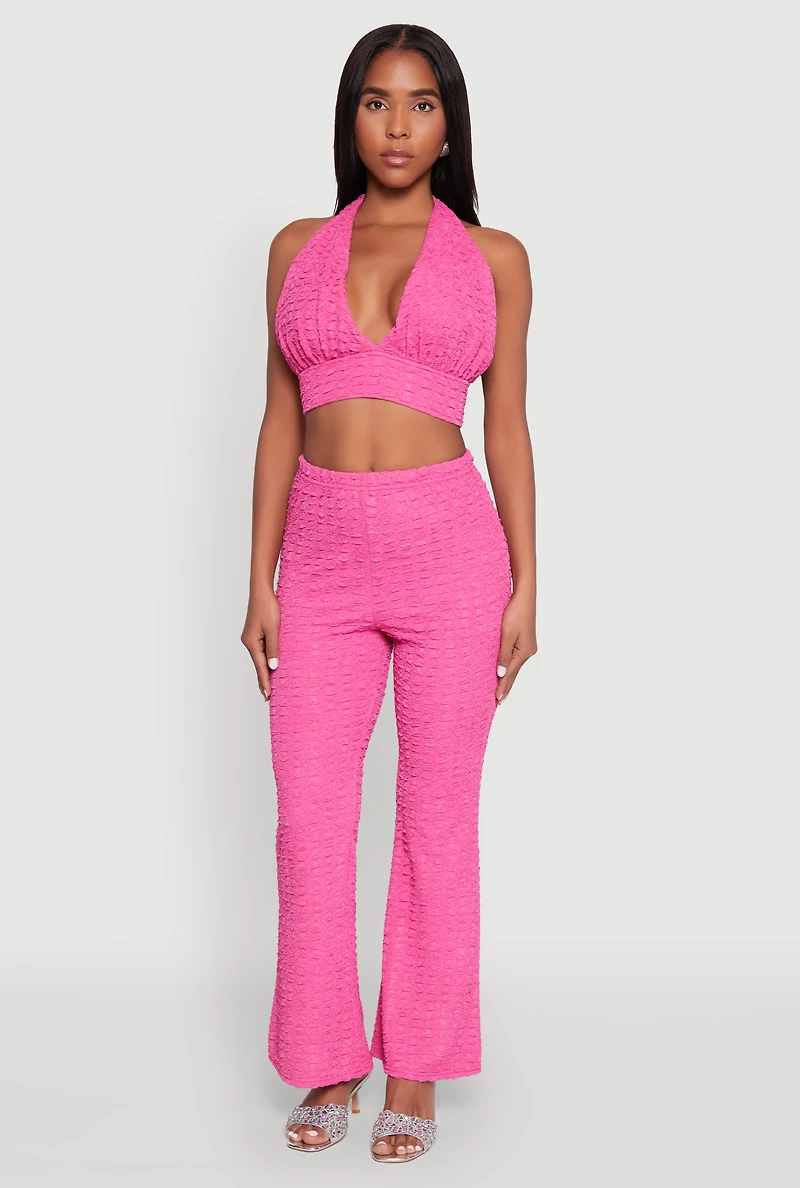 Womens Bubble Knit Flared Leg Pants, Pink, Size M