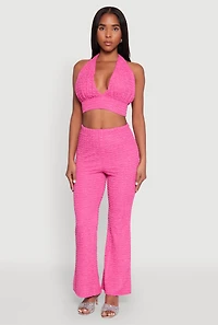 Womens Bubble Knit Flared Leg Pants, Pink, Size M