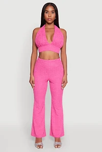 Womens Bubble Knit Flared Leg Pants, Pink, Size M