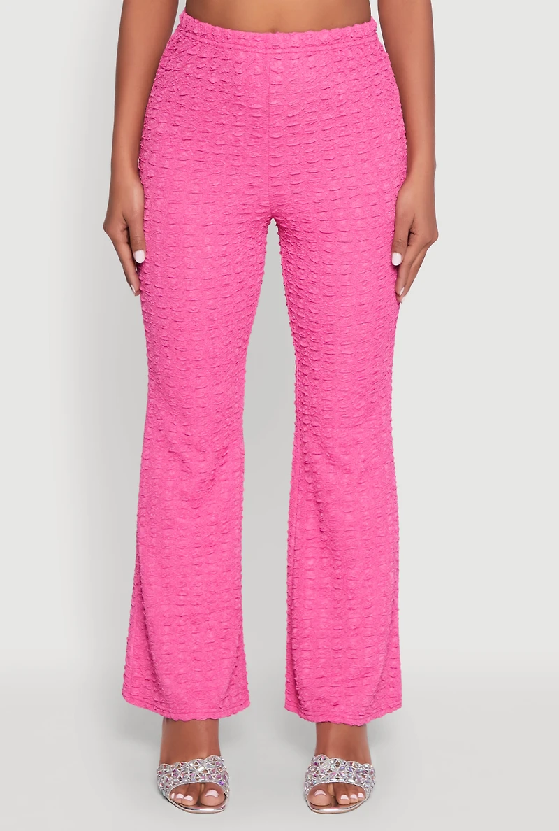 Womens Bubble Knit Flared Leg Pants, Pink, Size M