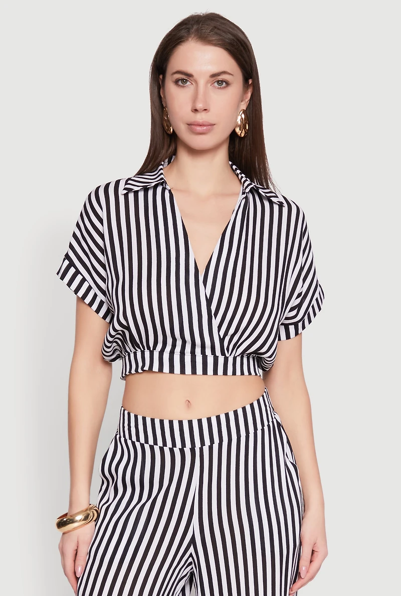 Womens Faux Wrap Striped Crop Top, Multi, Size M