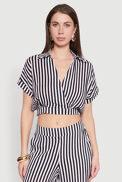 Womens Faux Wrap Striped Crop Top, Multi, Size M
