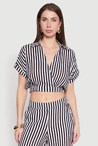 Womens Faux Wrap Striped Crop Top, Multi, Size M