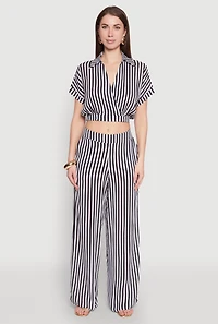 Womens Faux Wrap Striped Crop Top, Multi, Size M