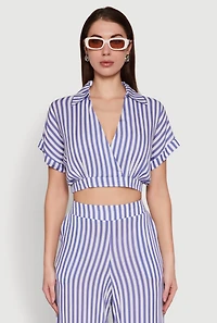 Womens Faux Wrap Striped Crop Top, Blue, Size M