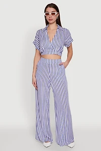 Womens Faux Wrap Striped Crop Top, Blue, Size M
