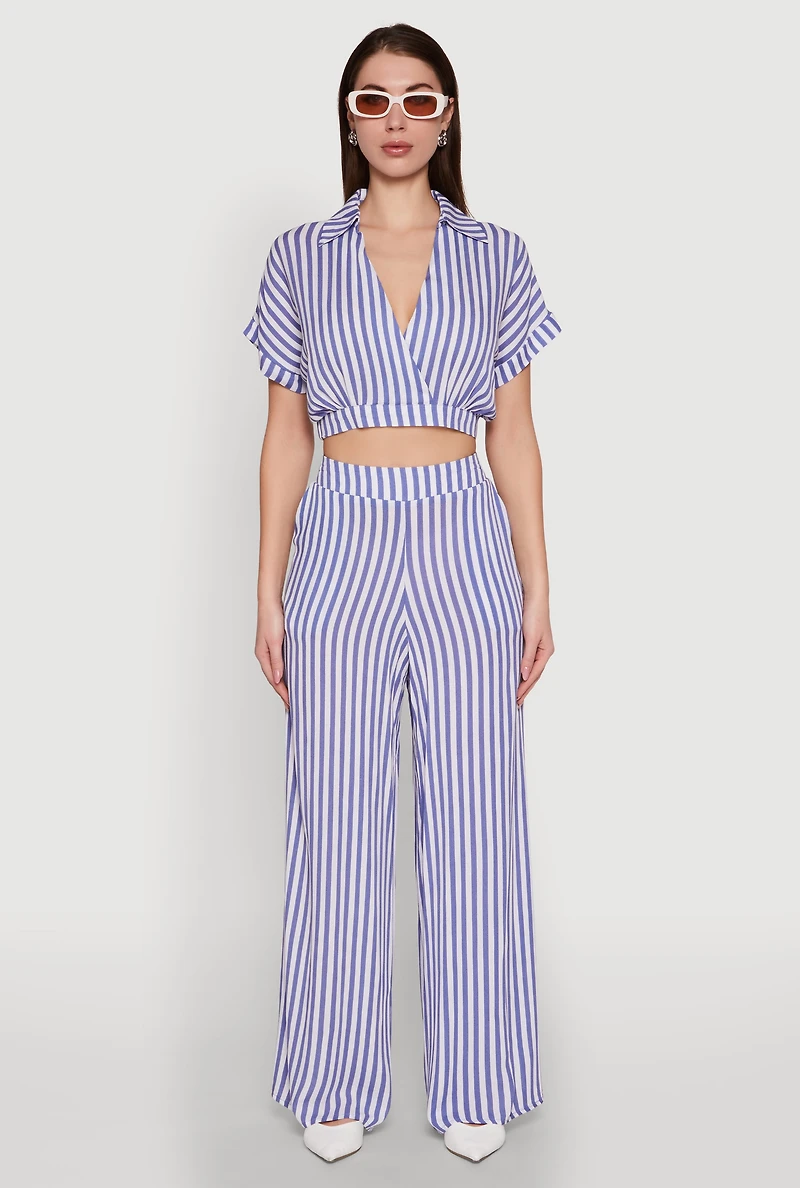 Womens Faux Wrap Striped Crop Top, Blue, Size M