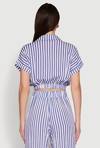 Womens Faux Wrap Striped Crop Top, Blue, Size M