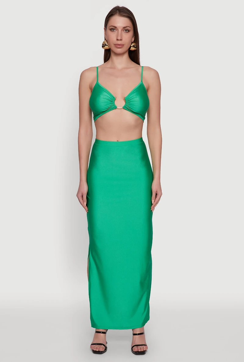 Womens Metallic O Ring Keyhole Crop Top, Green,