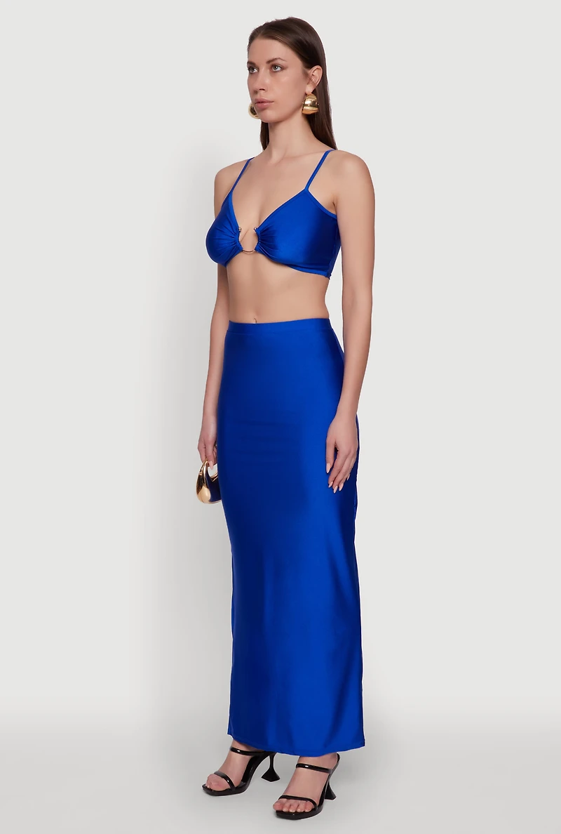 Womens Metallic O Ring Keyhole Crop Top, Blue, Size M
